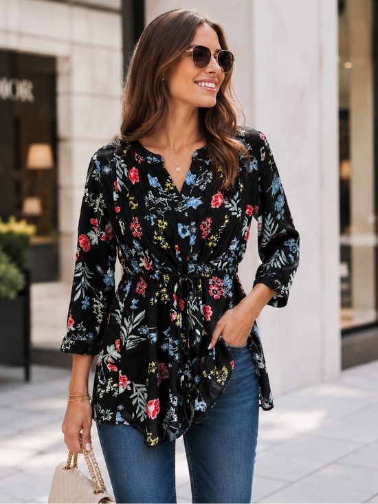 Hilary Radley Tops - Hilary Radley Black Floral Drawstring Tunic Blouse Large